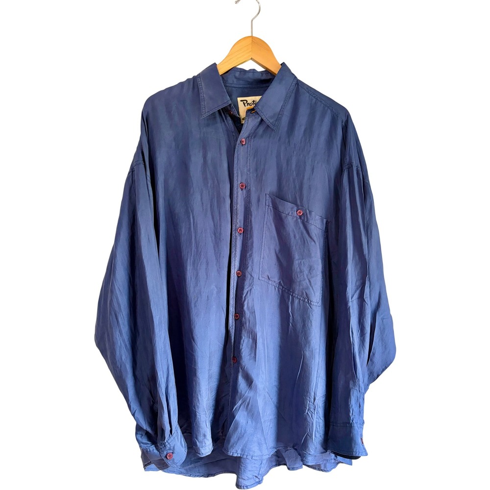Vintage Protest Mens Blue 100% Silk Long Sleeve Button Down Shirt Large Pocket